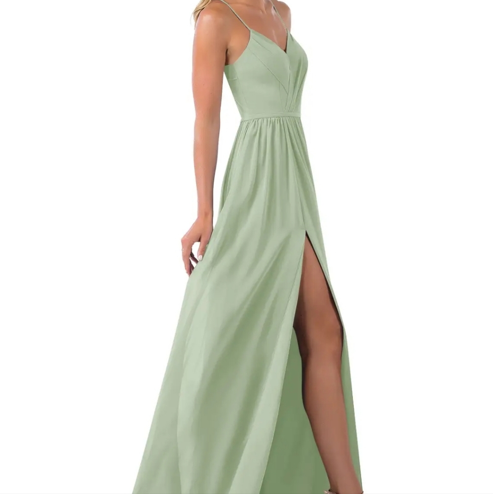 Azazie Sage Green Spaghetti Strap Maxi Dress with High Slit - Picture 8 of 11